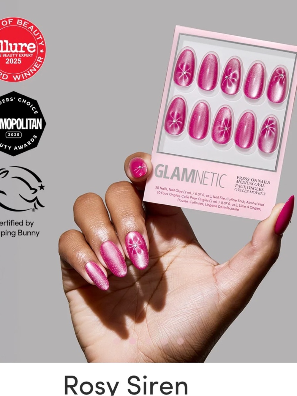 Glamnetic Rosy Siren Press-On Nails – Pink Shimmer with Star Accent Medium Oval